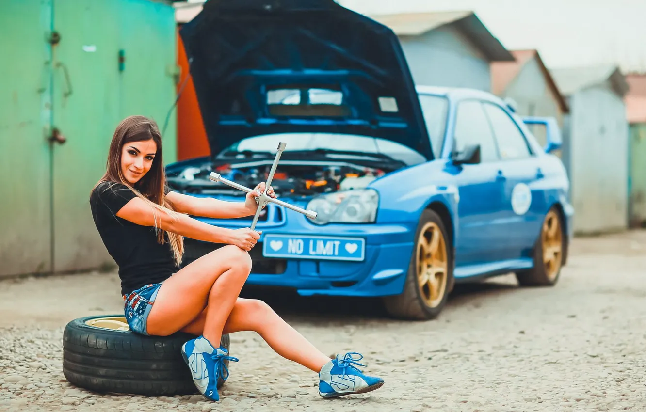 Photo wallpaper look, girl, Girls, Subaru, key, blue auto, tilt wheel