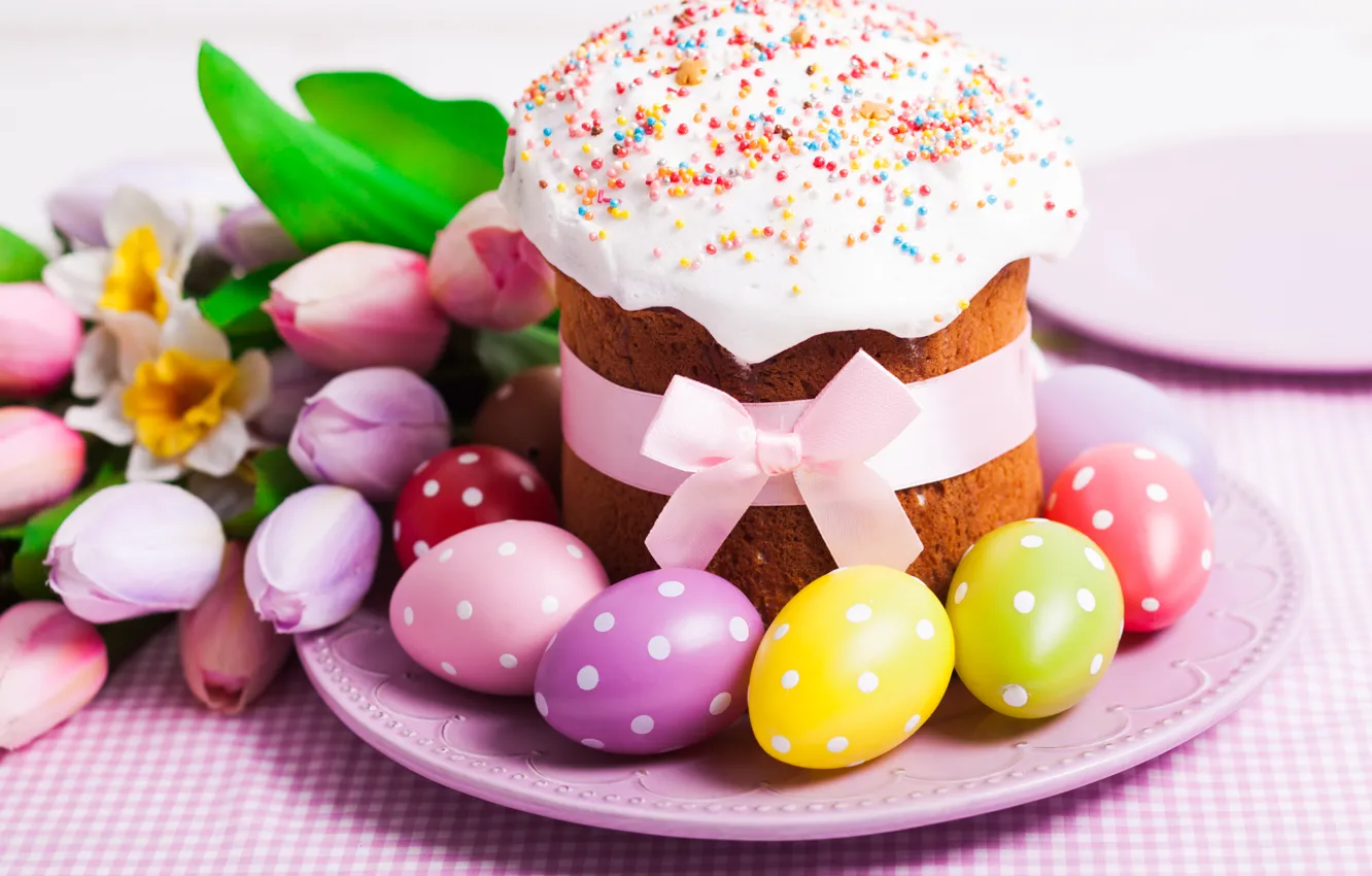 Photo wallpaper eggs, Easter, tulips, cake, cake, cakes, tulips, glaze