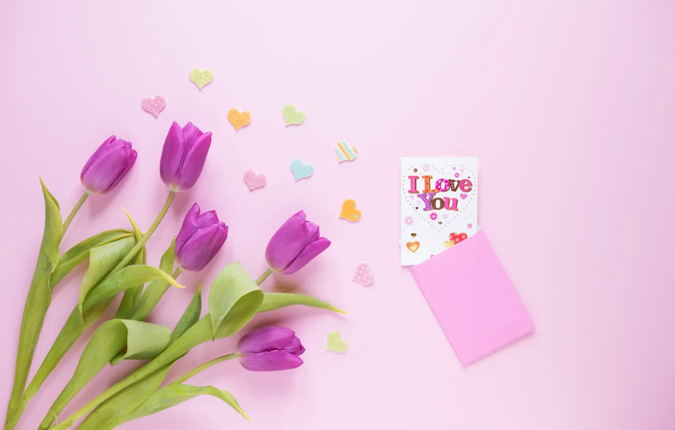 Photo wallpaper flowers, gift, bouquet, hearts, tulips, love, fresh, i love you