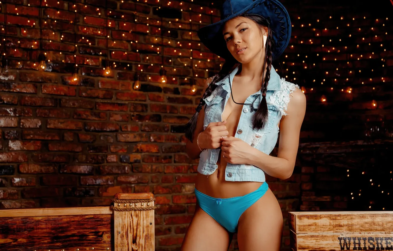 Photo wallpaper girl, sexy, lingerie, hat, brunette, delighted, Denim Jacket