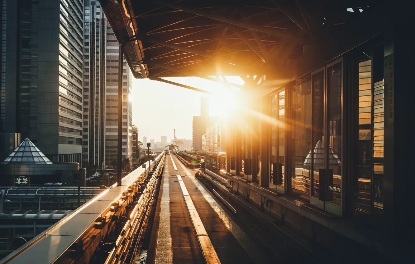 Photo wallpaper road, sunset, bridge, city, the city, building, sunset, roads