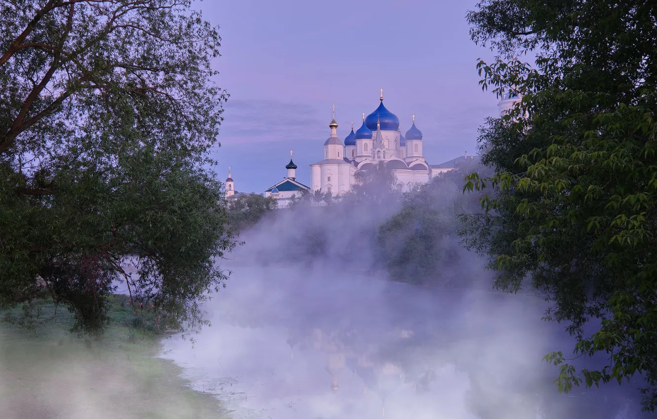 Photo wallpaper trees, landscape, nature, fog, pond, morning, temple, the dome