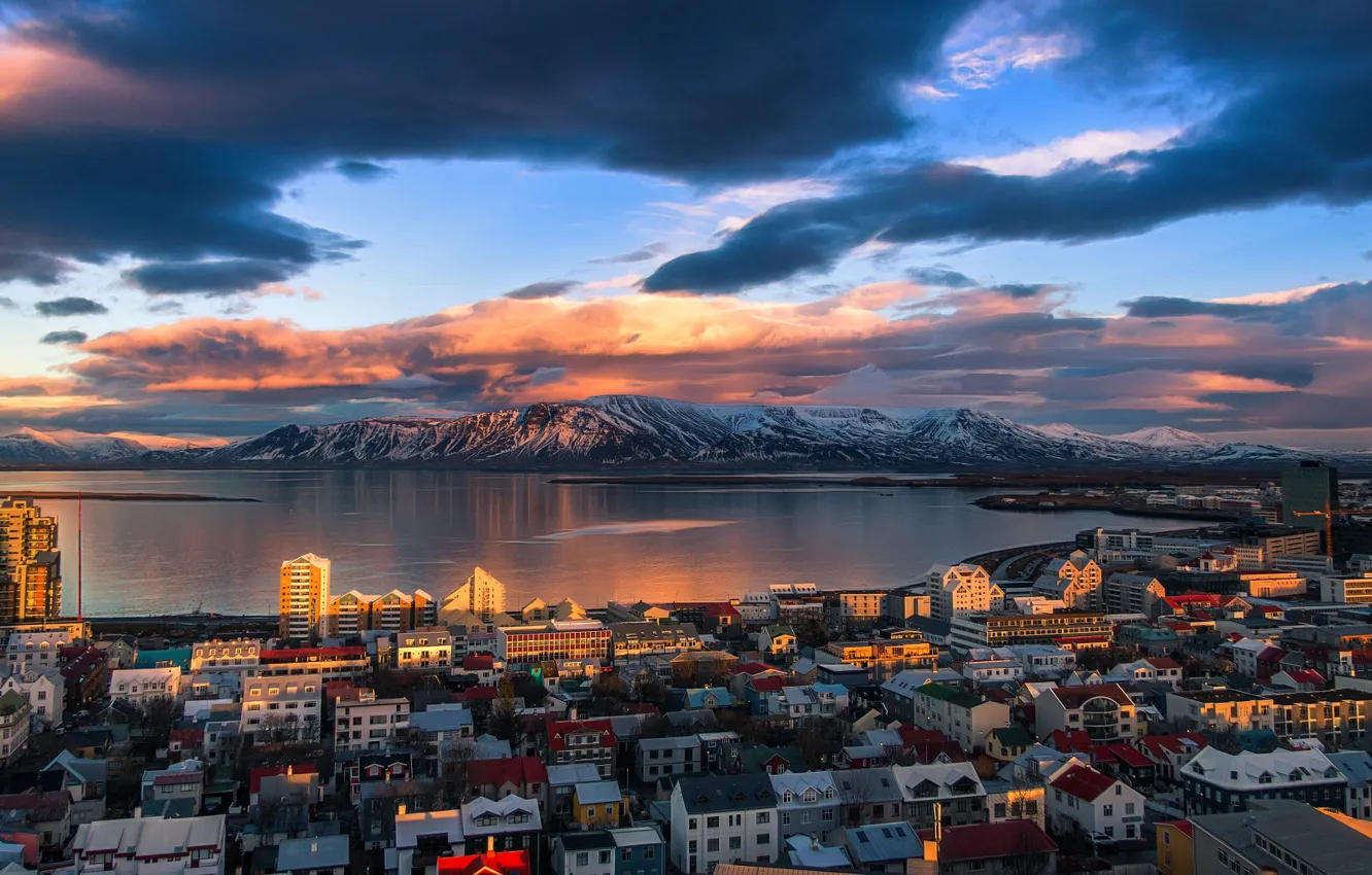 Photo wallpaper light, mountains, the city, Iceland, Reykjavik, the fjord
