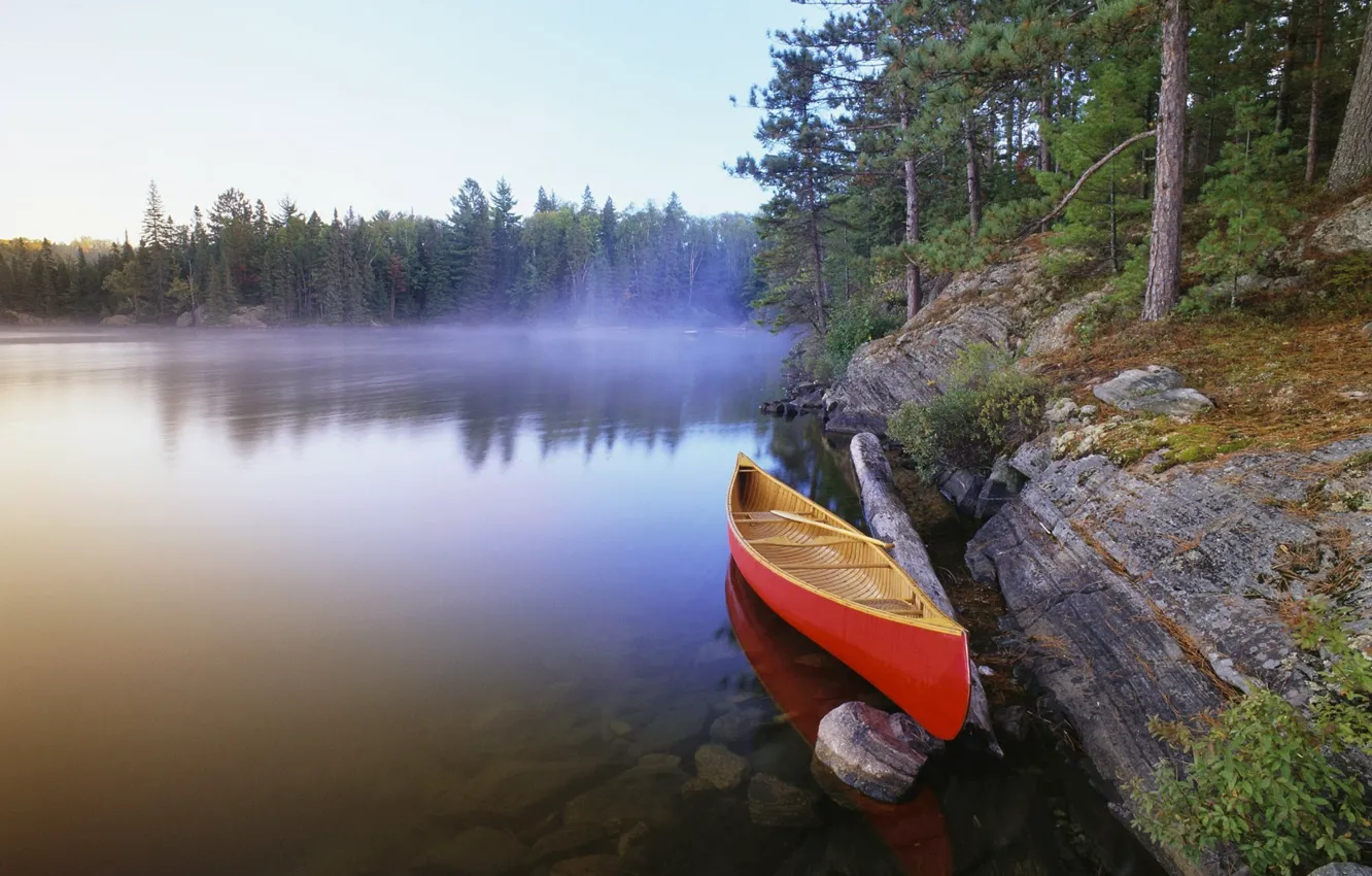Photo wallpaper boat, Lake, Forest, Canoeing