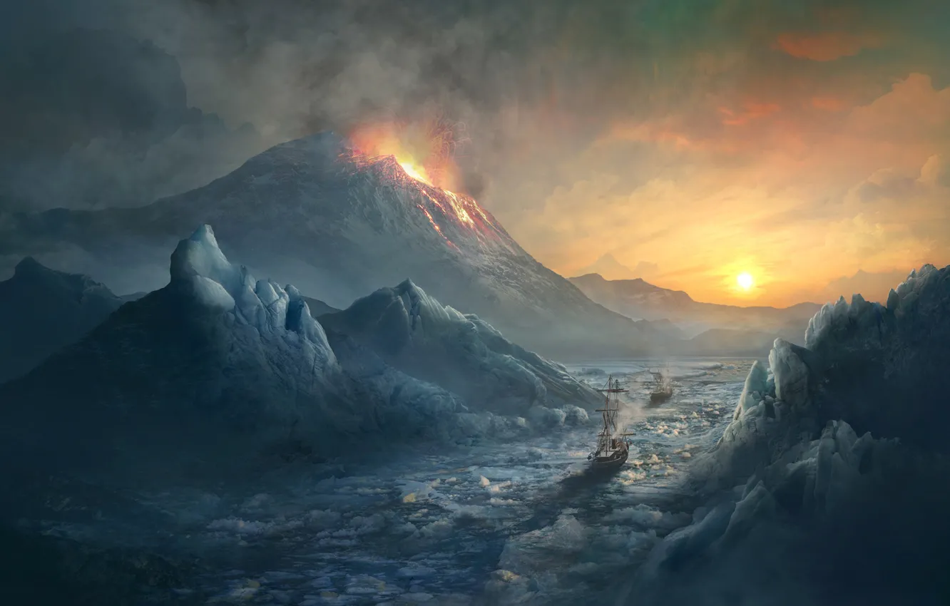 Photo wallpaper Sunset, Winter, Rocks, Smoke, Mountain, Ice, The volcano, The explosion
