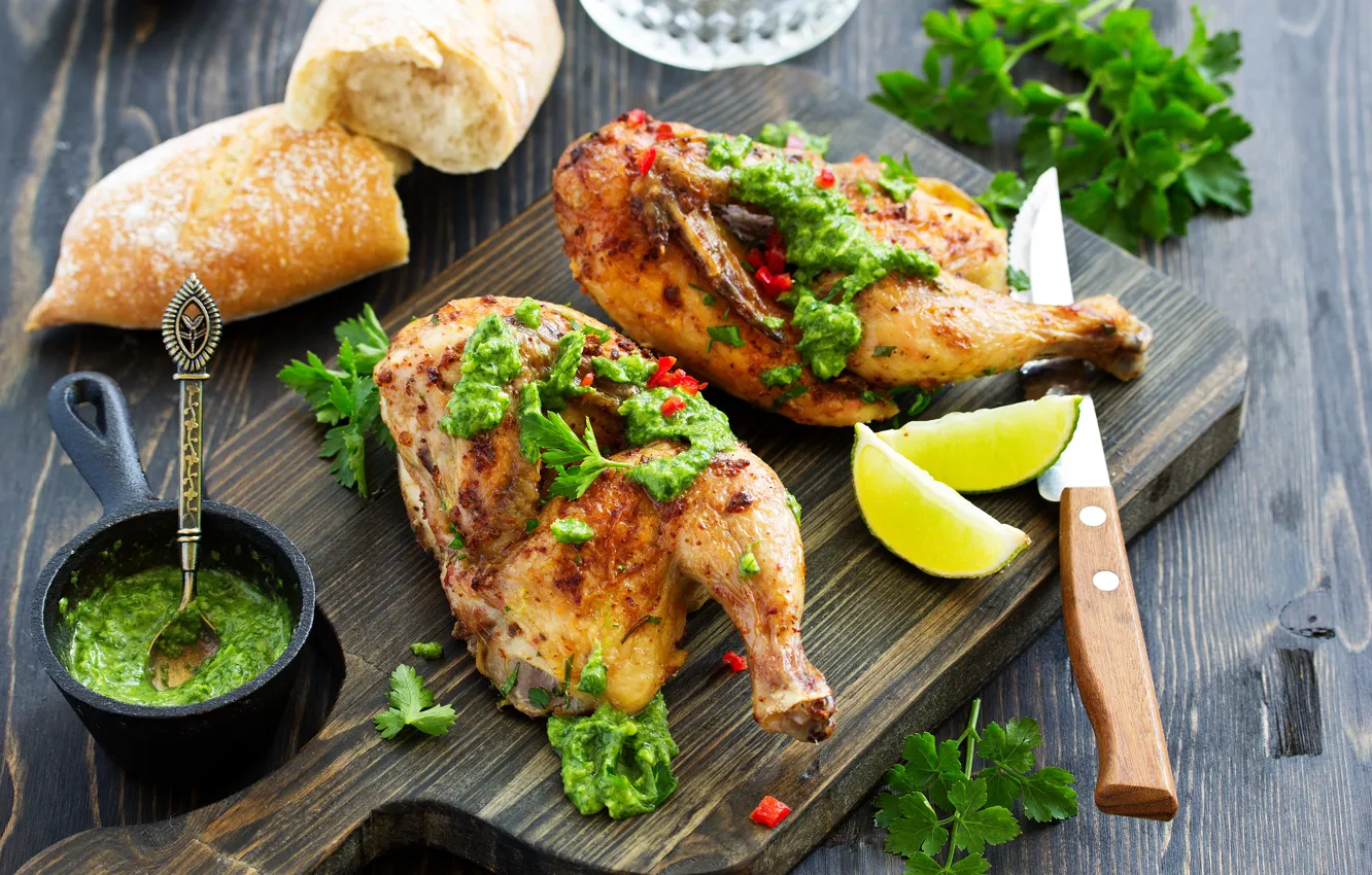 Photo wallpaper lemon, food, chicken, bread, meat, sauce, spices, grill