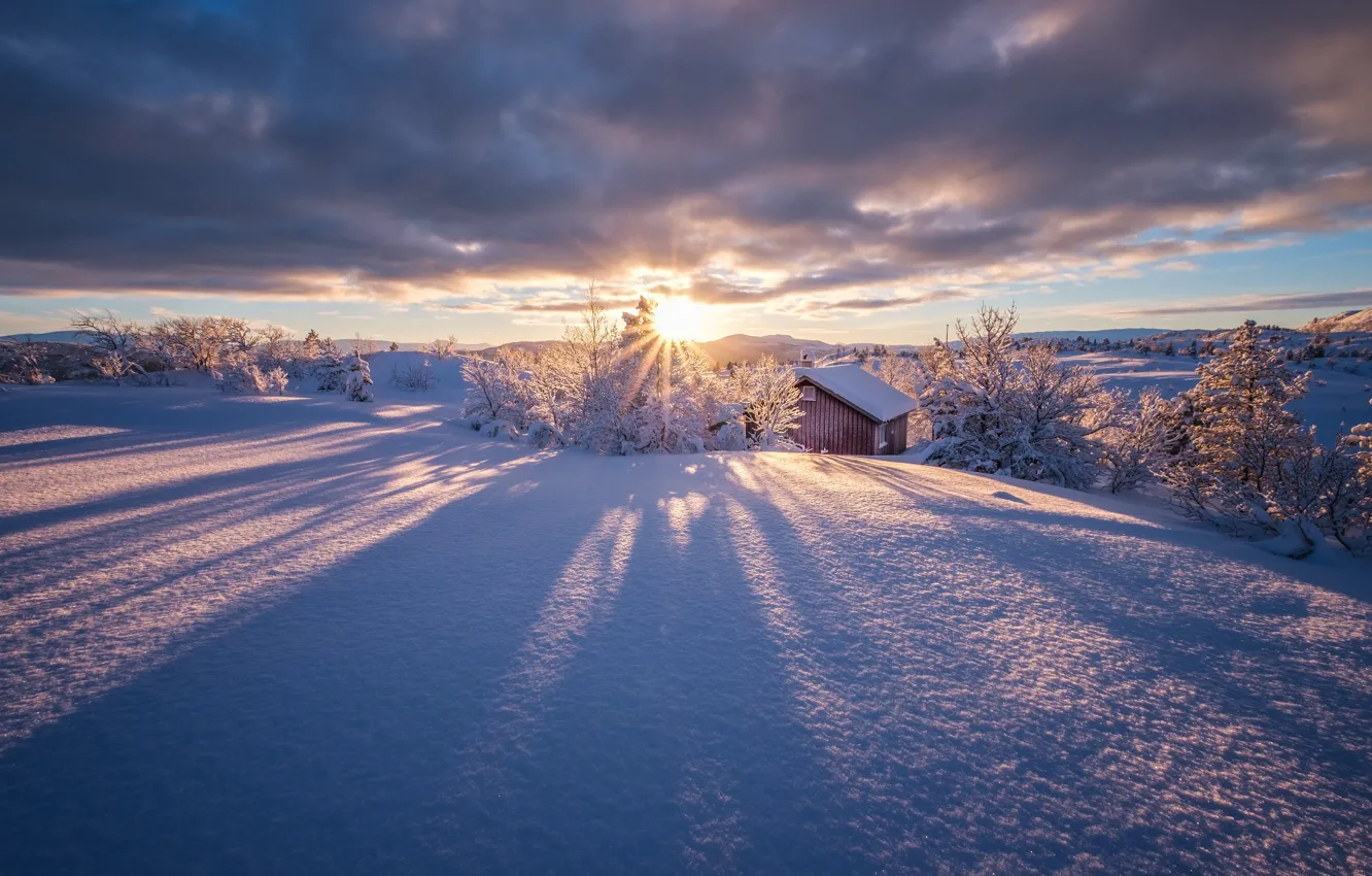 Photo wallpaper the sky, the sun, clouds, snow, Norway, Winter is coming