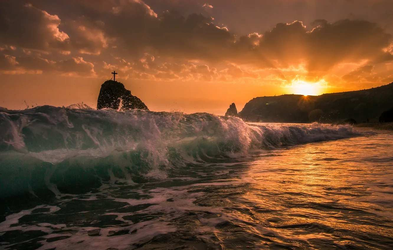 Photo wallpaper sea, sunset, wave