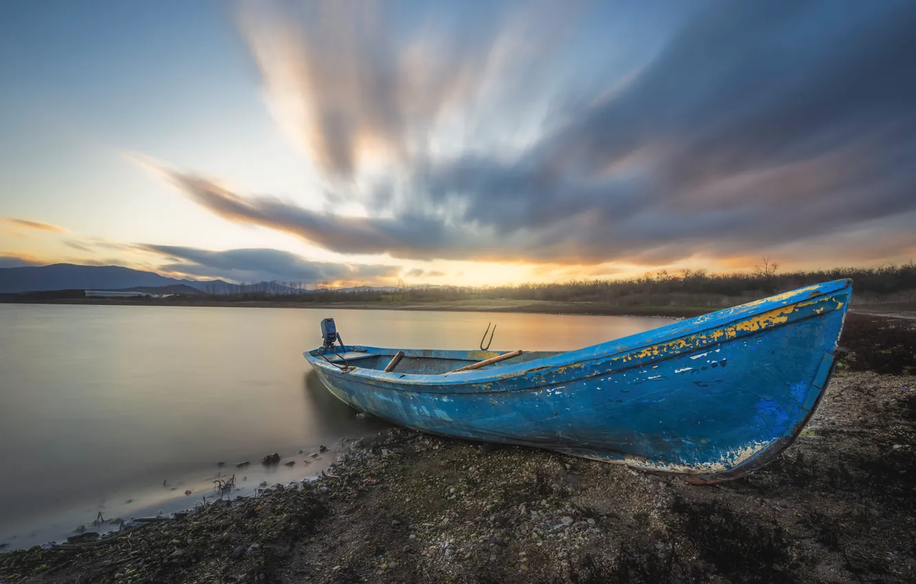 Photo wallpaper shore, boat, pond