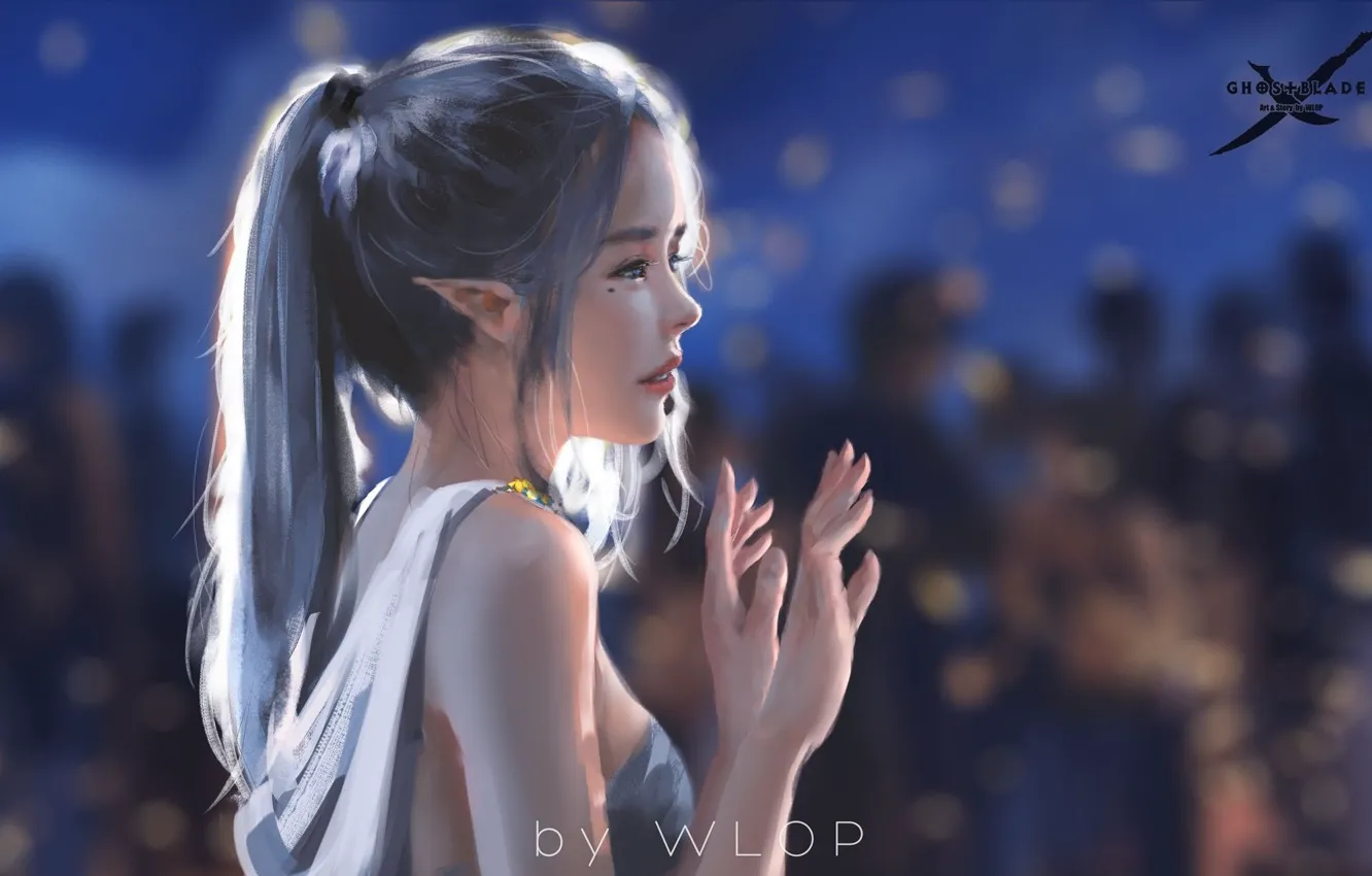 Photo wallpaper girl, fantasy, dress, blue eyes, ponytail, elf, digital art, artwork