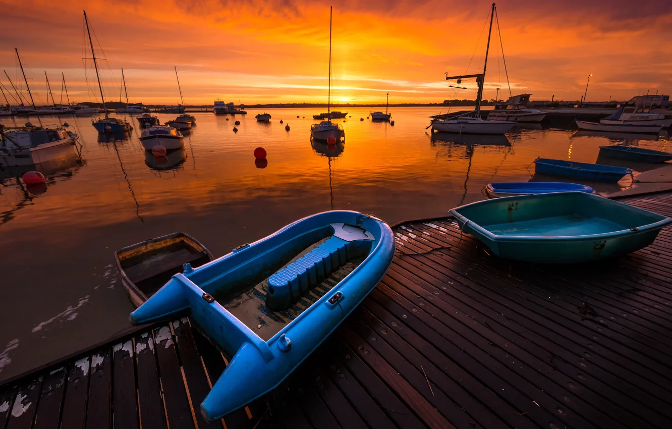 Photo wallpaper water, the sun, clouds, light, sunset, blue, shore, boat