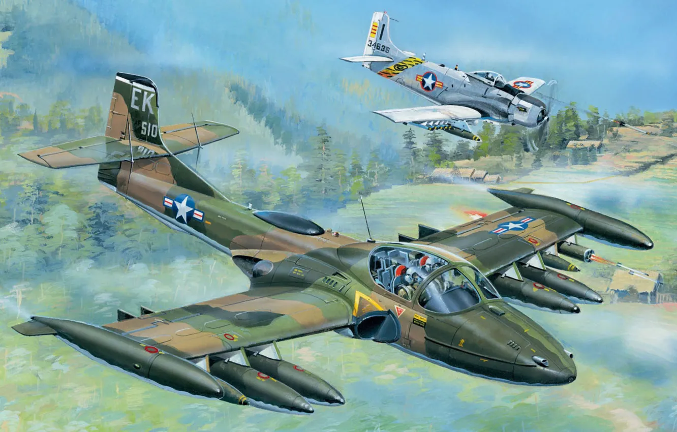 Photo wallpaper art, A-1 Skyraider, Vietnam war, A-37 Dragonfly
