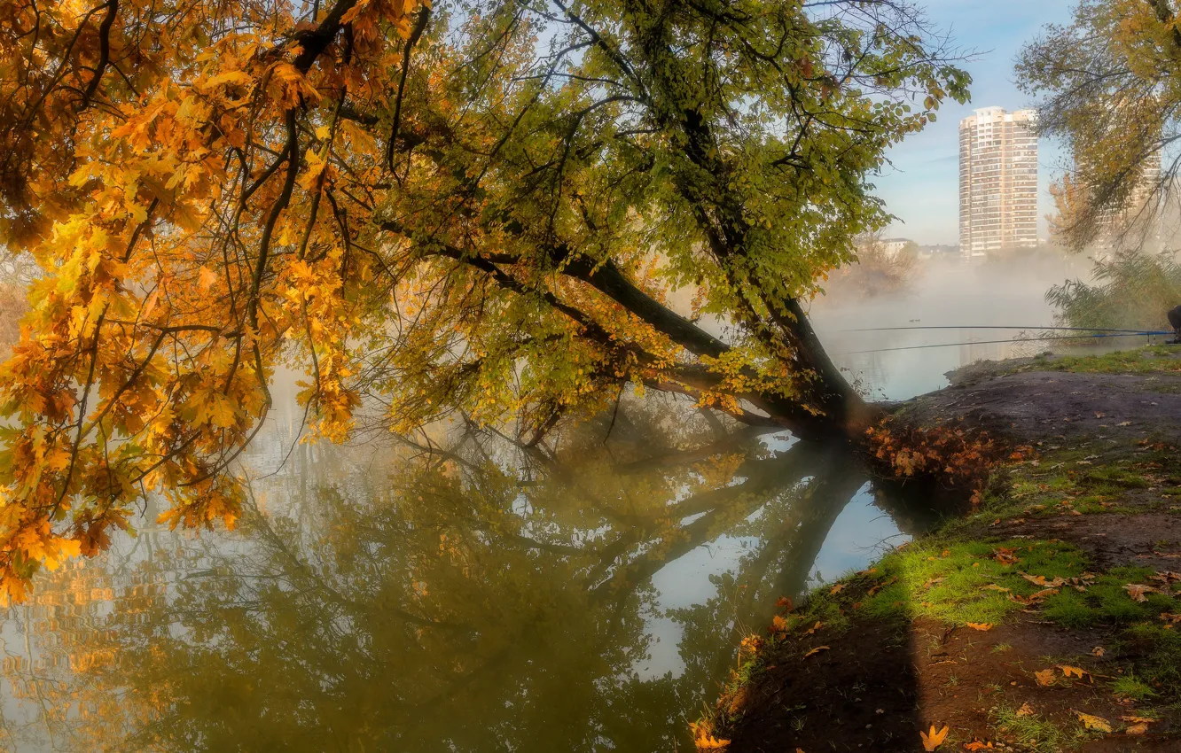 Photo wallpaper autumn, landscape, nature, pond, tree, home, fisherman, Alexander Plekhanov