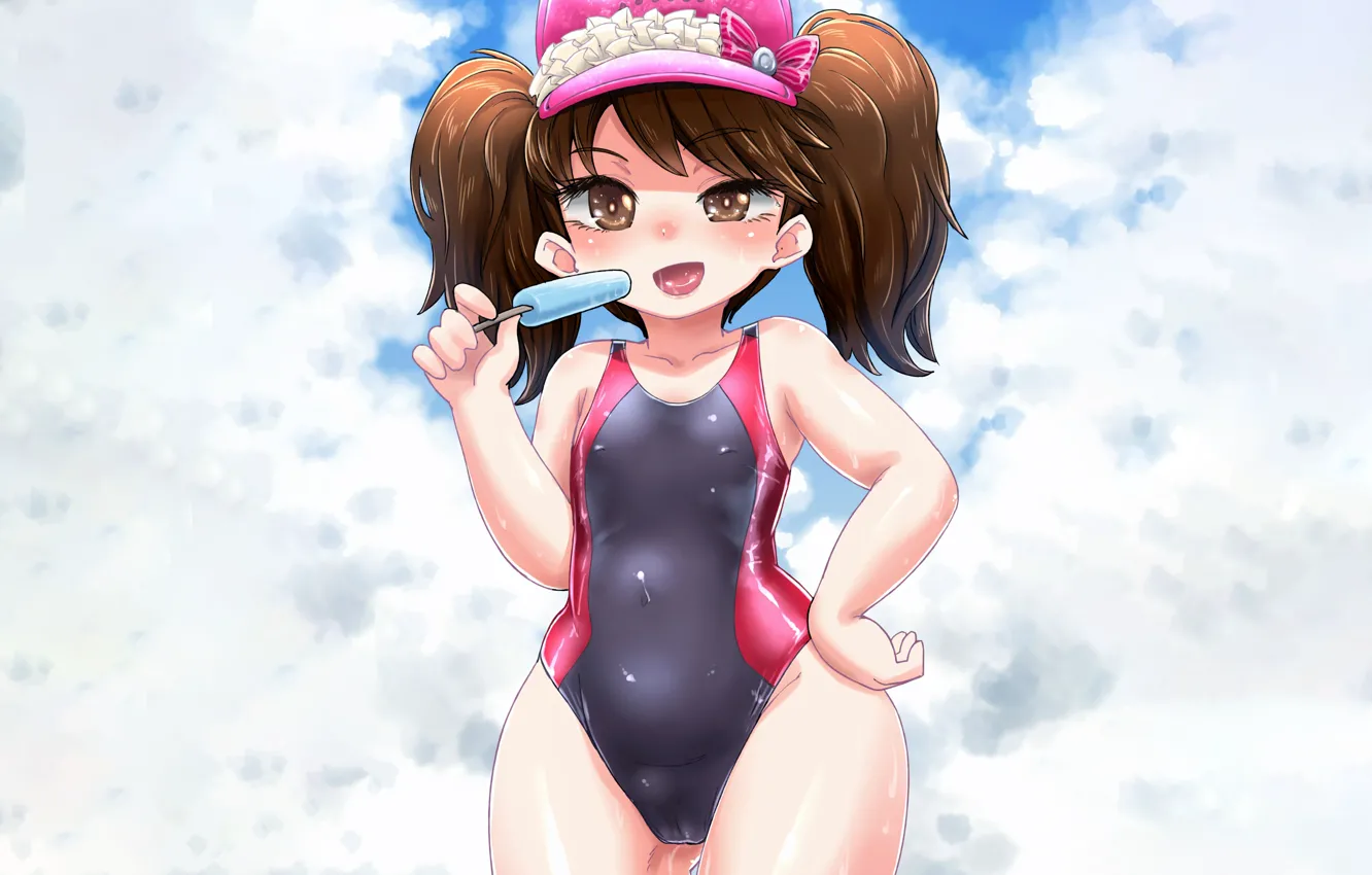 Photo wallpaper girl, Cameltoe, sky, brown hair, brown eyes, anime, beautiful, short hair