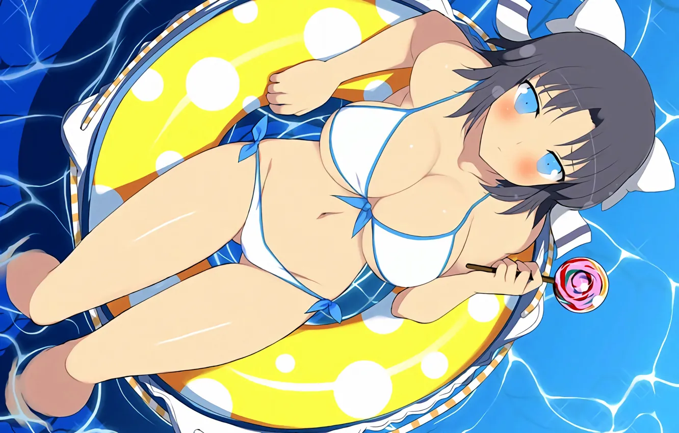 Photo wallpaper girl, sexy, cleavage, boobs, anime, water, blue eyes, beautiful