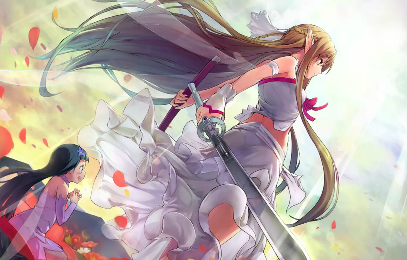 Photo wallpaper petals, long hair, art, sword art online, rapier, asuna, yui, Abec