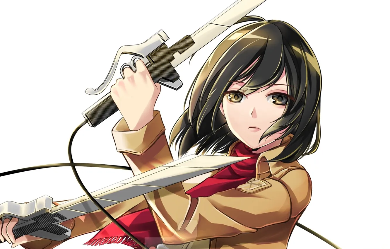 Photo wallpaper look, white background, swords, art, military uniform, Shingeki no Kyojin, Mikasa Ackerman, red scarf