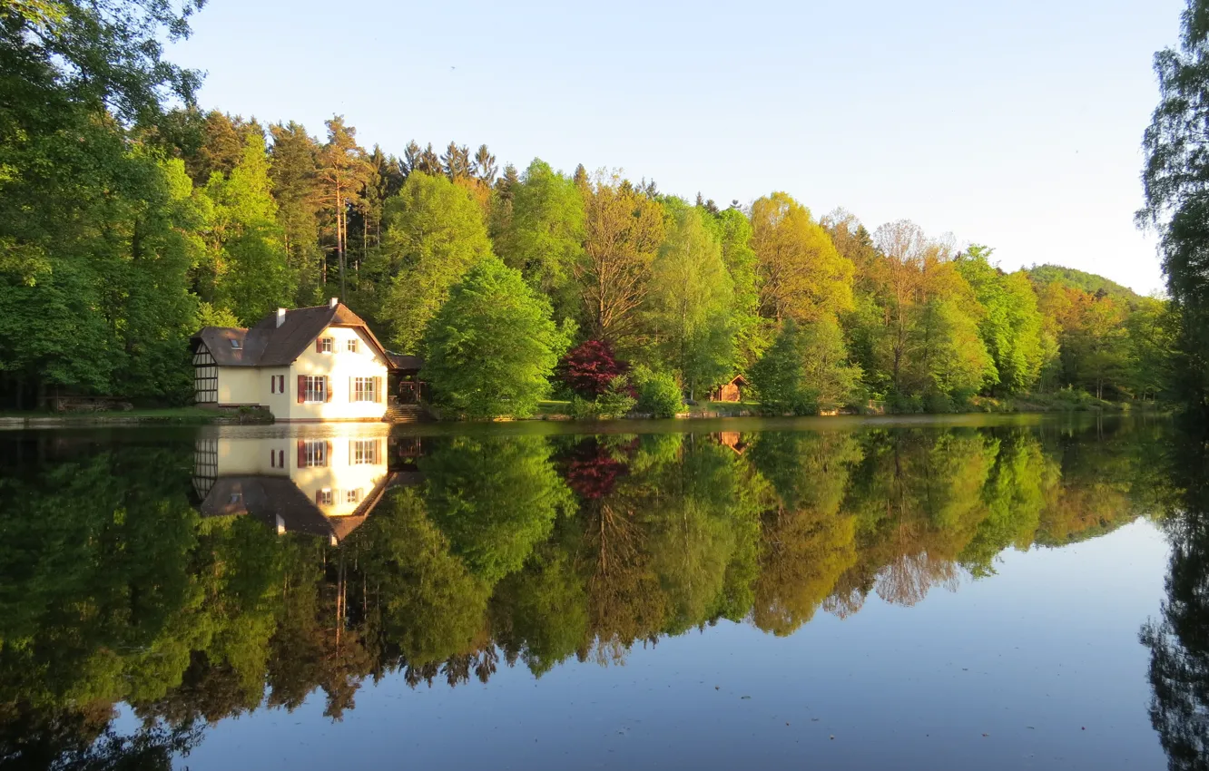 Photo wallpaper autumn, reflection, trees, lake, house, colors, house, trees