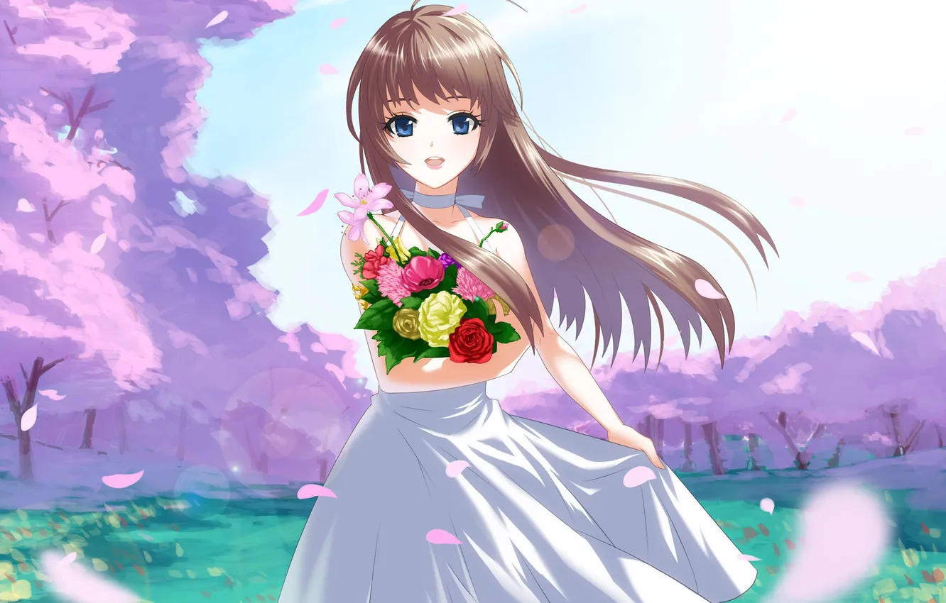 Photo wallpaper girl, trees, flowers, anime