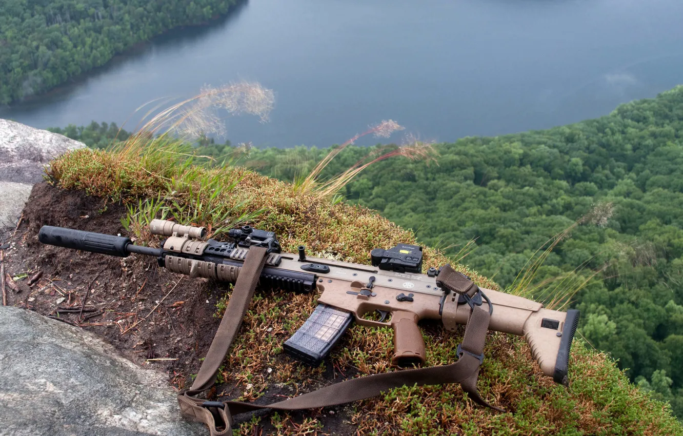 Photo wallpaper nature, weapons, rifle, muffler, assault, FNH SCAR