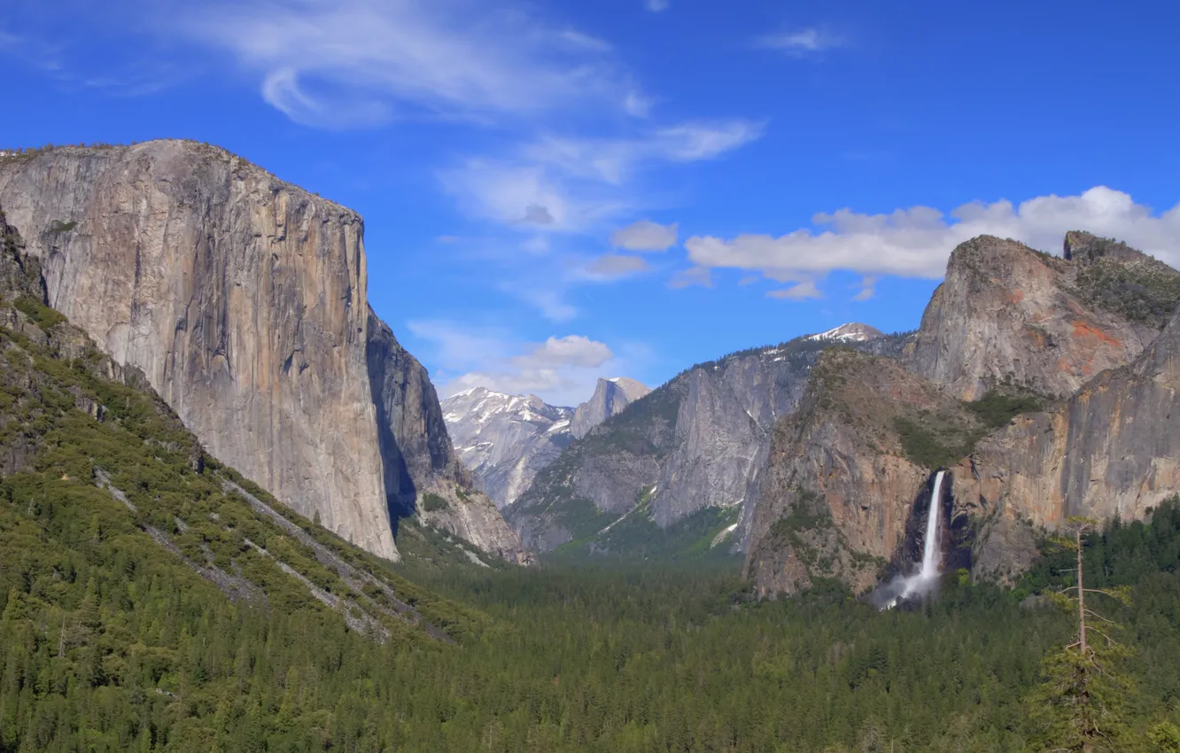 Photo wallpaper forest, the sky, trees, mountains, waterfall, valley