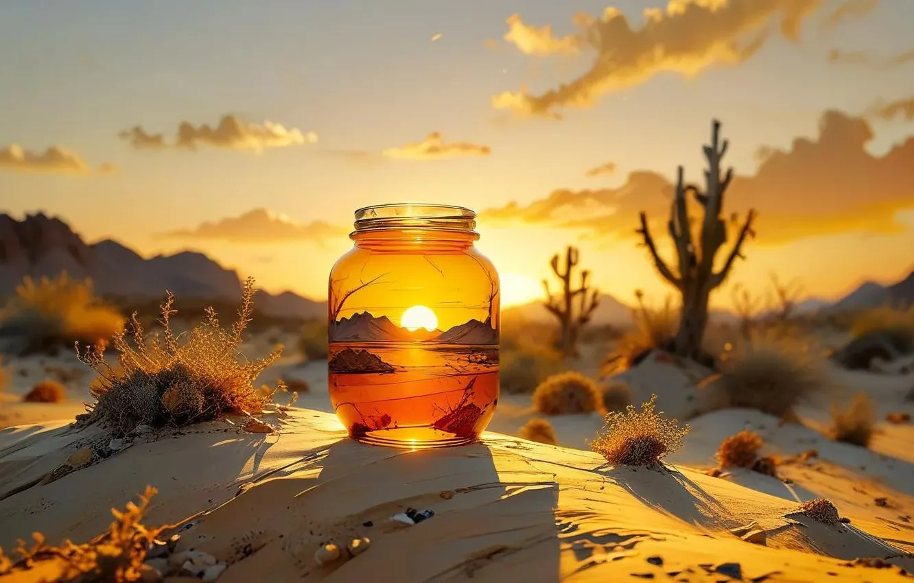 Photo wallpaper MOUNTAINS, The SKY, SAND, GLASS, CLOUDS, DAL, DAWN, DESERT