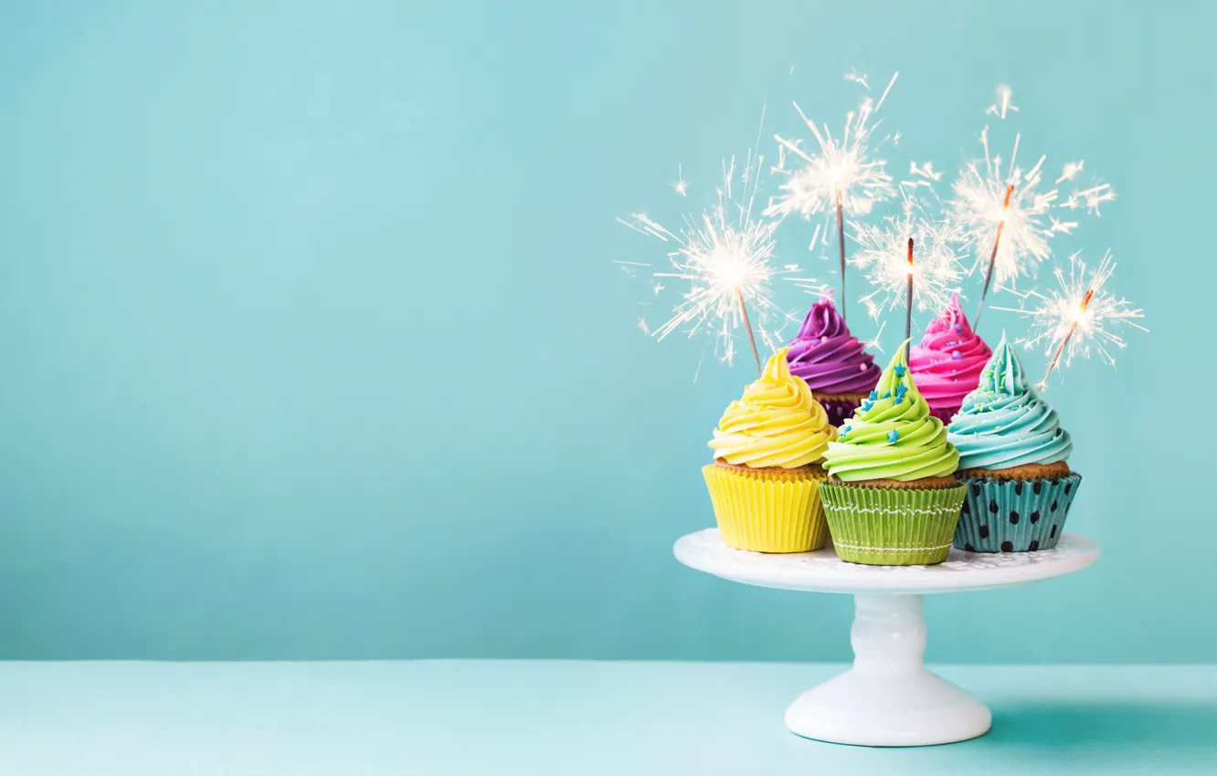 Photo wallpaper colorful, cream, Happy Birthday, cupcakes, decoration, Birthday, cupcakes, sparklers