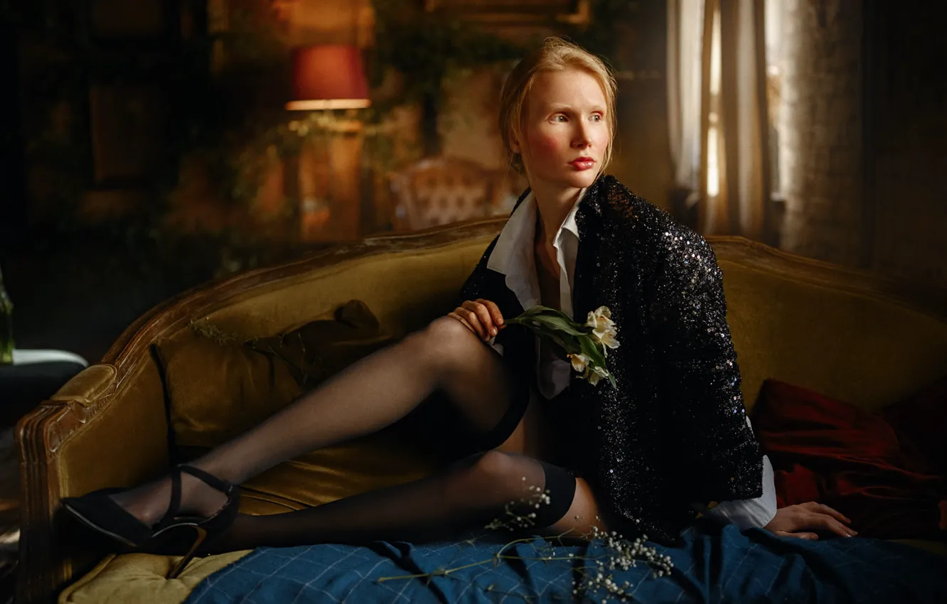 Photo wallpaper look, girl, light, flowers, room, sofa, feet, black