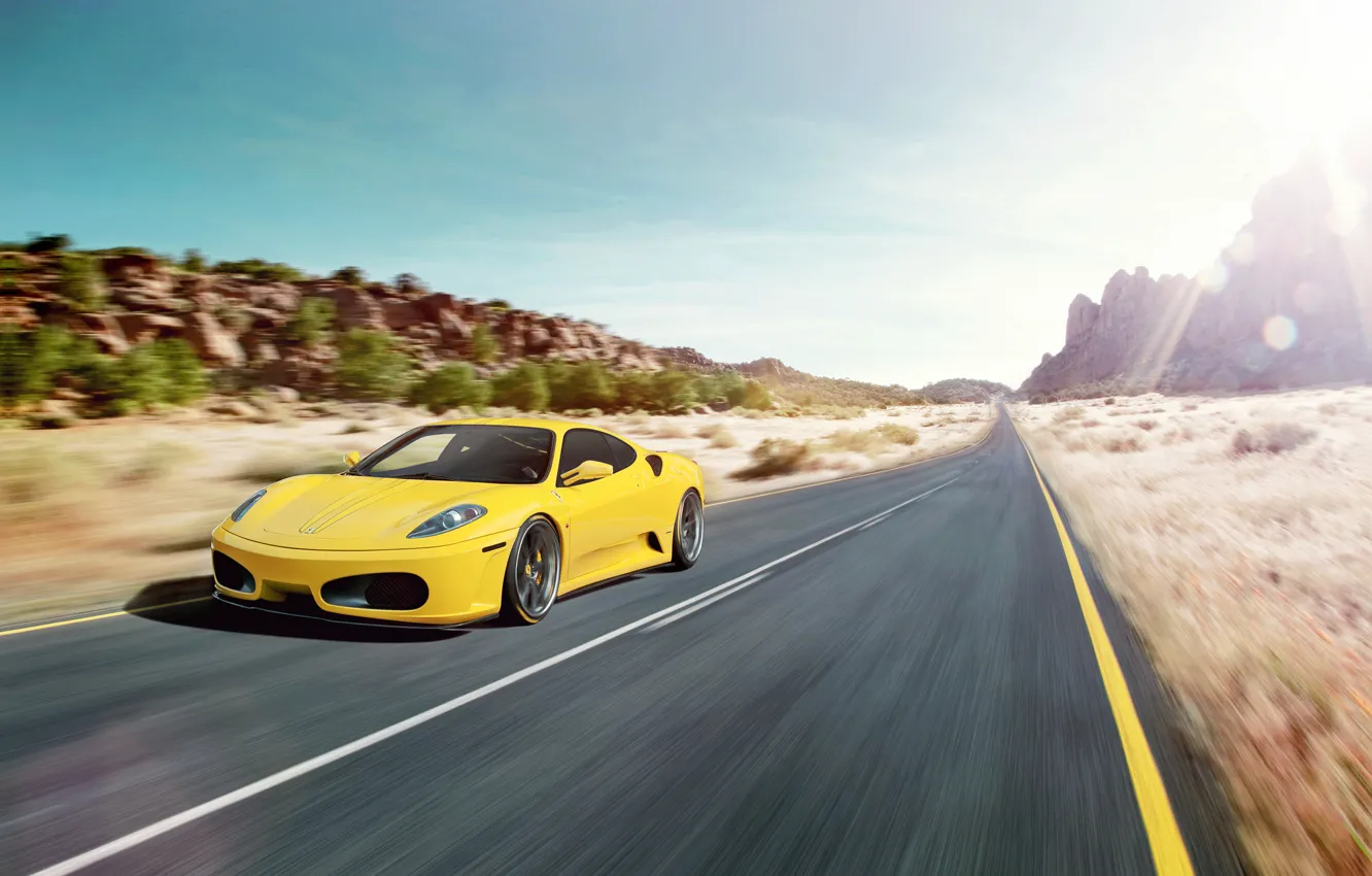 Photo wallpaper road, glare, speed, F430, Ferrari, Ferrari, yellow, yellow