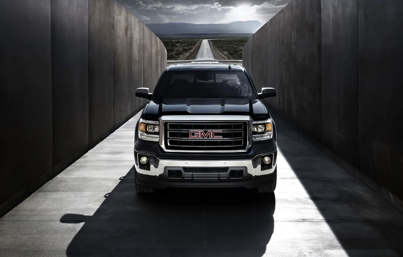 Photo wallpaper Road, Black, The hood, Shadow, Lights, Pickup, GMC, The front
