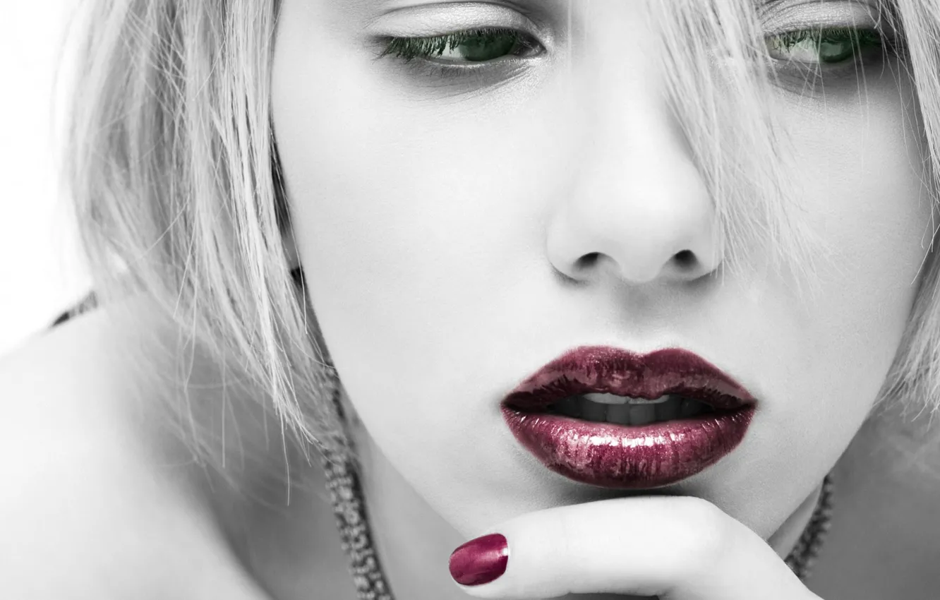 Photo wallpaper face, black and white, Lips, Scarlett Johansson, lipstick