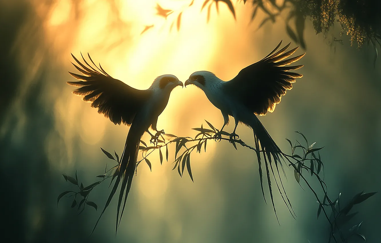 Photo wallpaper leaves, the sun, light, branches, pose, bird, wings, silhouette