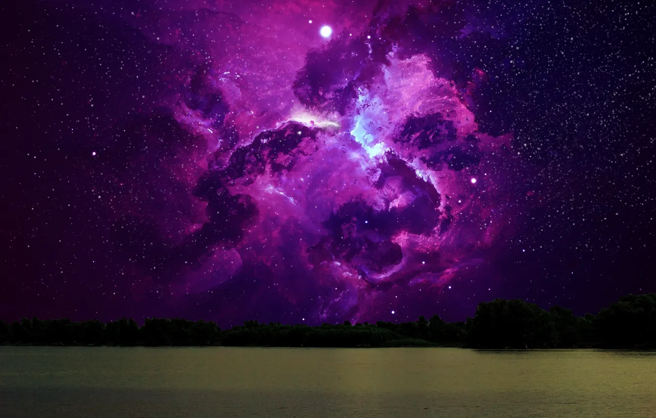 Photo wallpaper forest, water, space, stars, night, nebula, river, loneliness