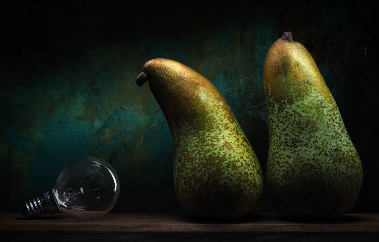 Photo wallpaper the dark background, wall, Board, still life, a couple, light bulb, pear, two pears