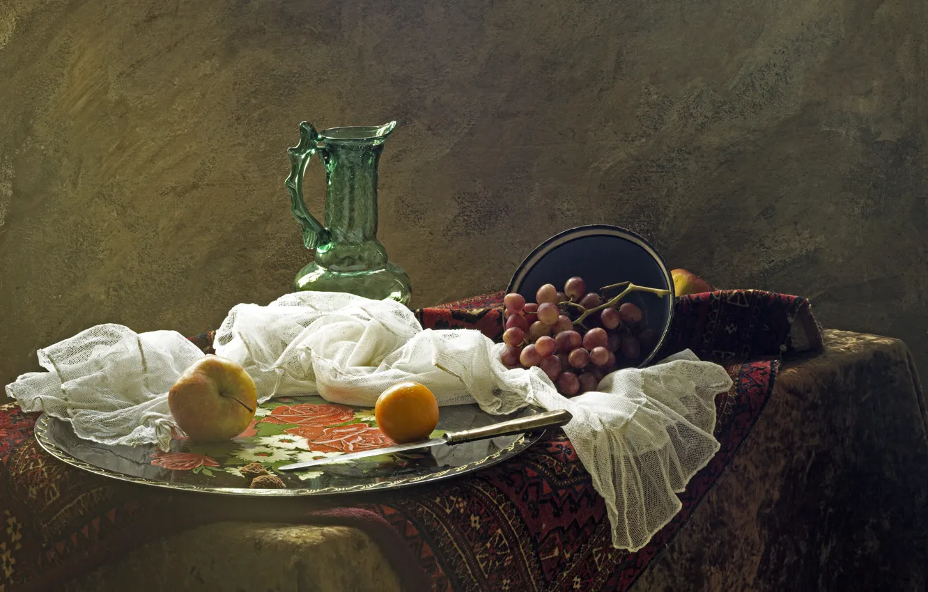 Photo wallpaper table, grapes, still life, decanter