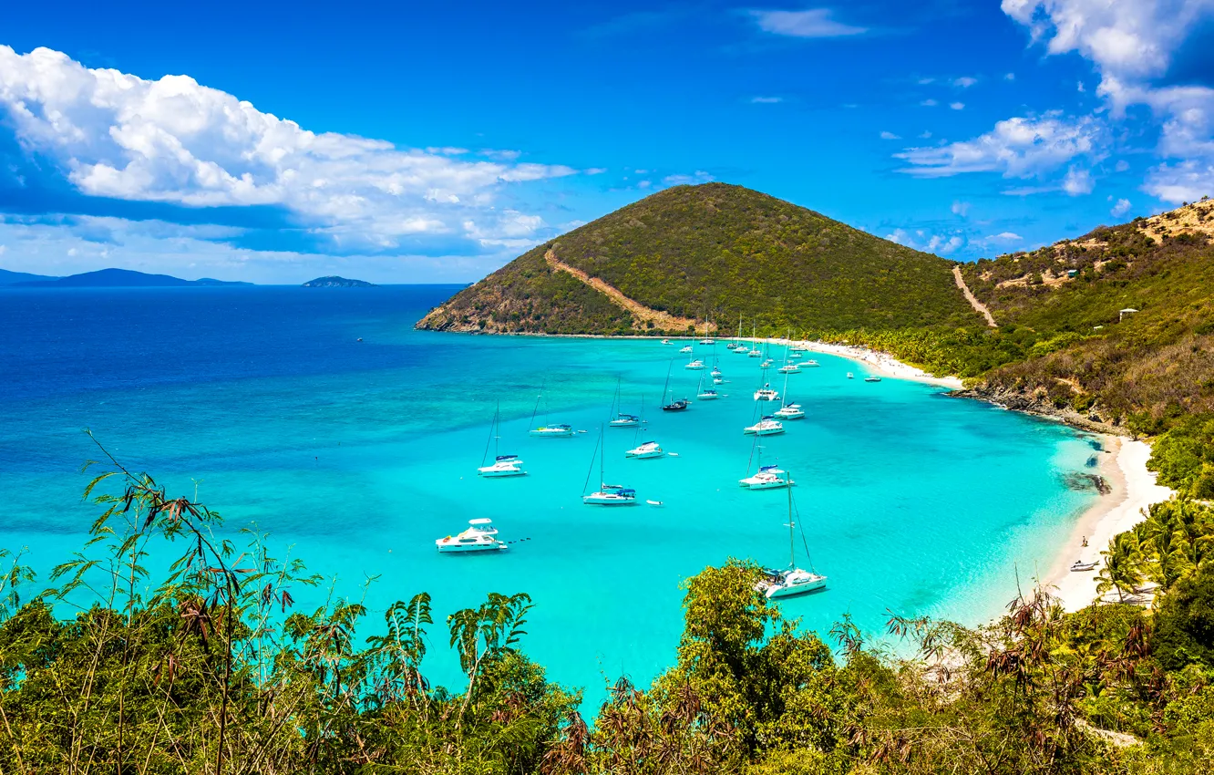 Photo wallpaper sea, the sky, clouds, trees, mountains, boat, Bay, yacht