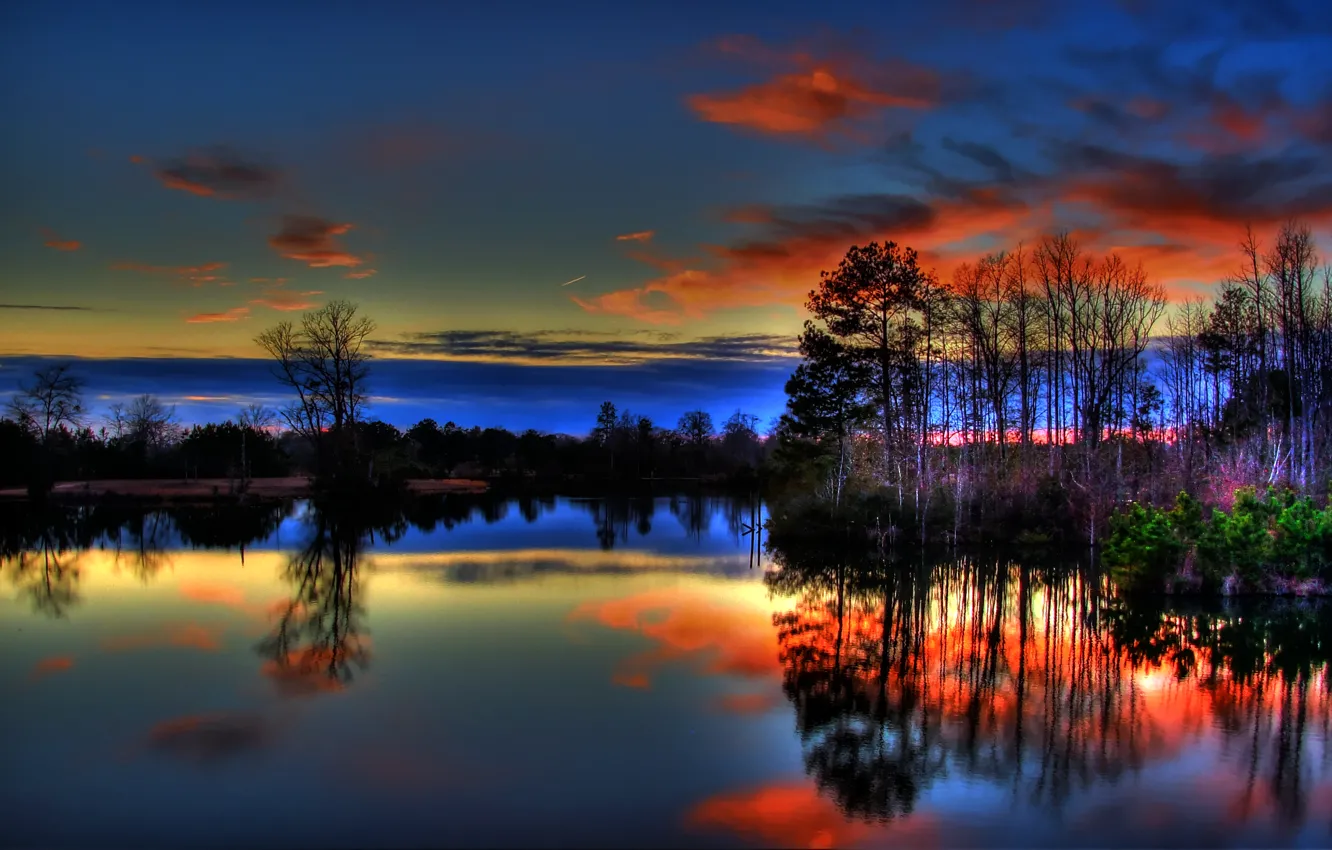 Photo wallpaper the sky, clouds, trees, sunset, lake, glow