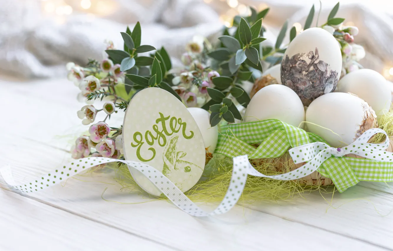 Photo wallpaper flowers, sprig, holiday, the inscription, Board, eggs, bouquet, spring