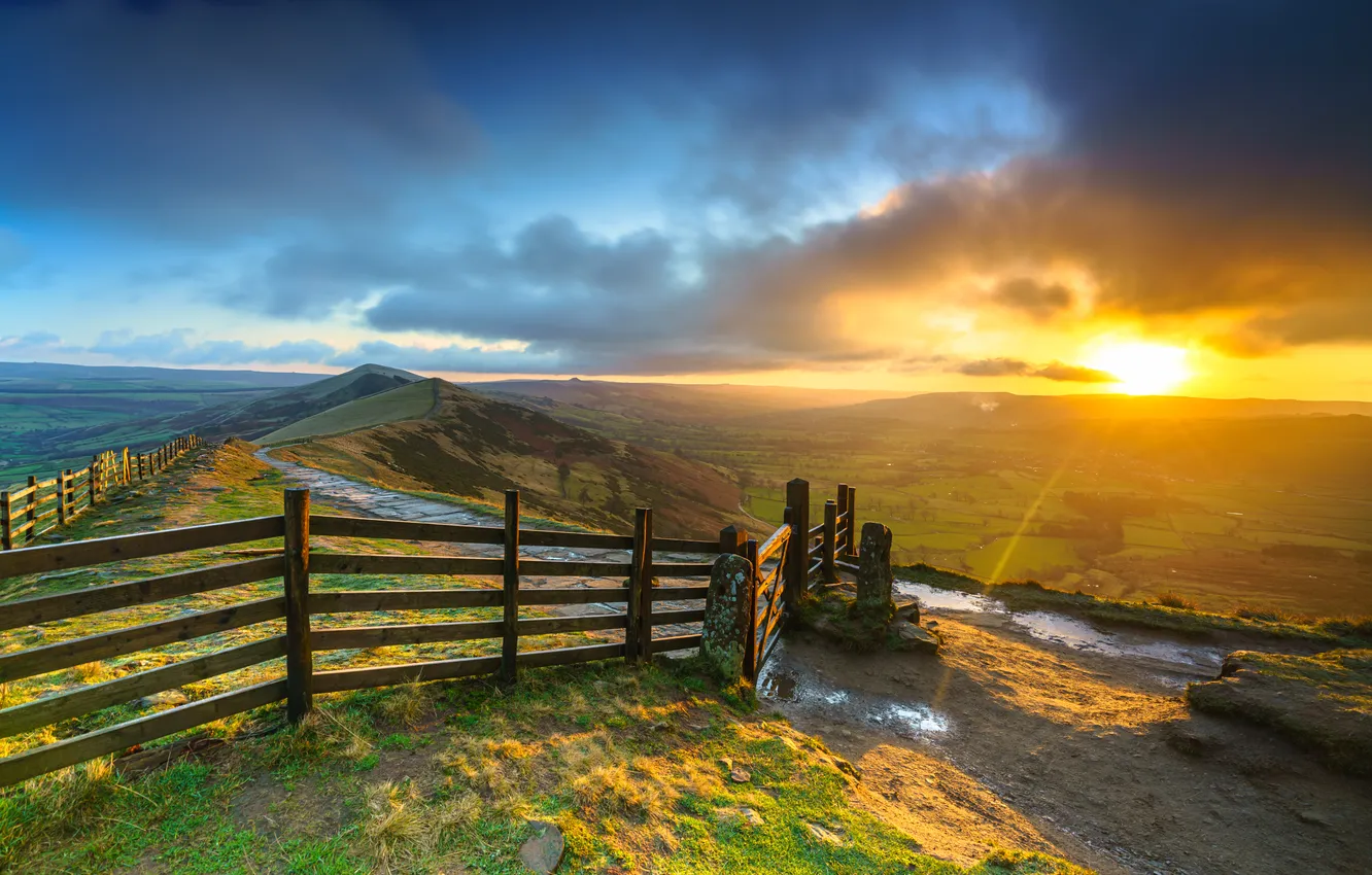 Photo wallpaper road, field, the sky, the sun, clouds, rays, light, sunset