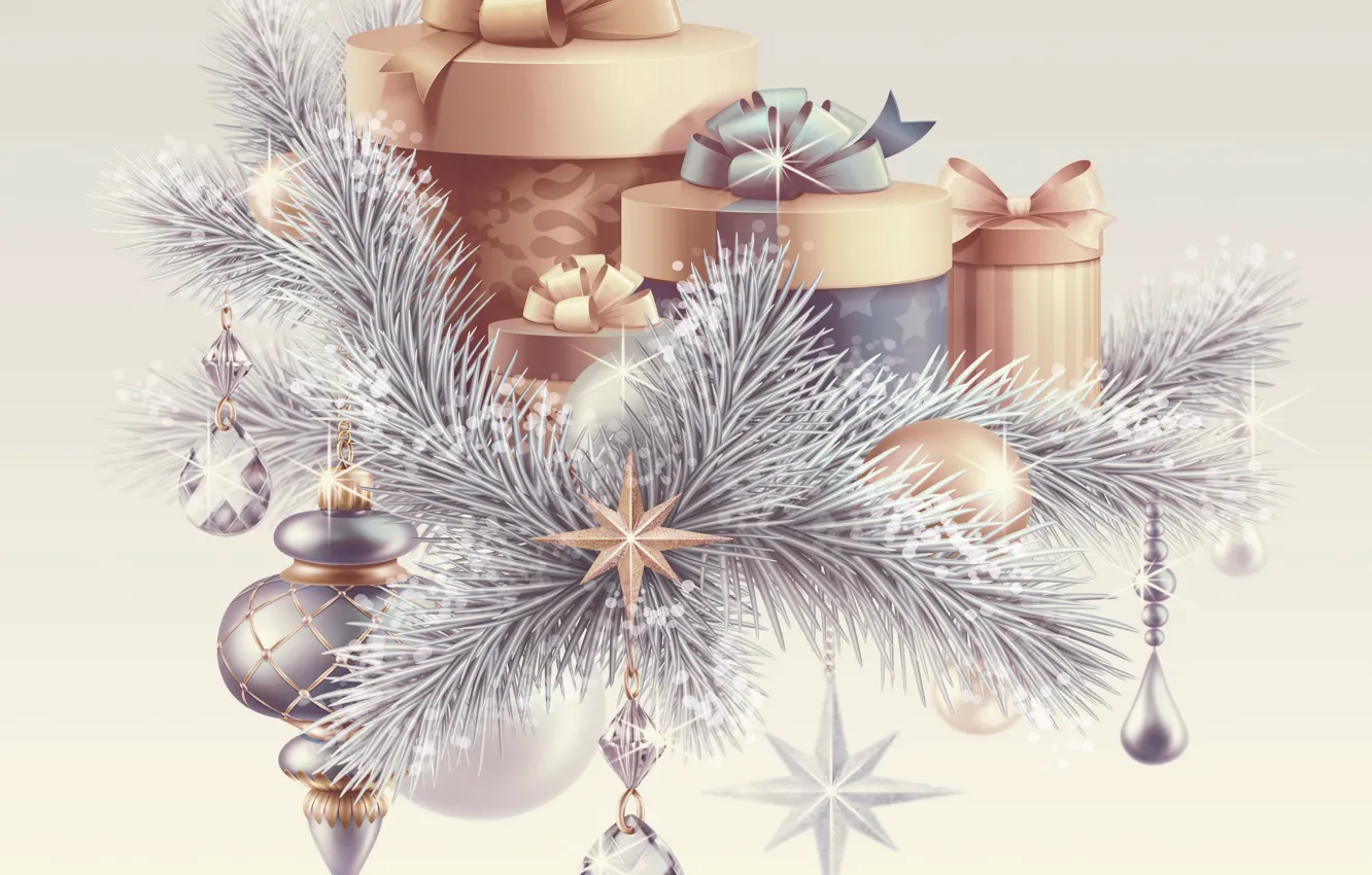 Photo wallpaper balls, branches, photo, Christmas, gifts, New year, holidays