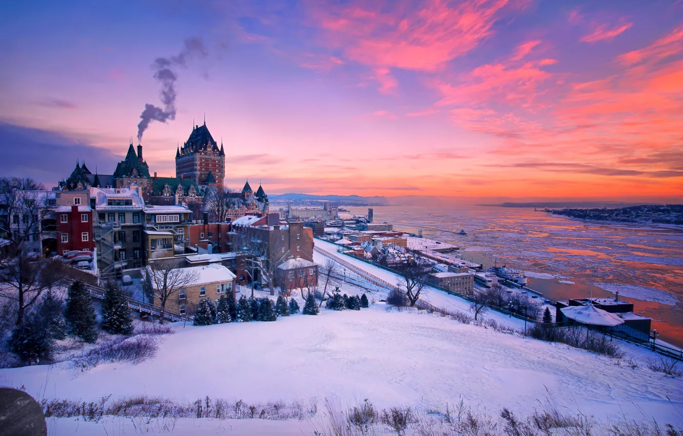 Photo wallpaper winter, snow, sunset, river, building, home, Canada, Canada