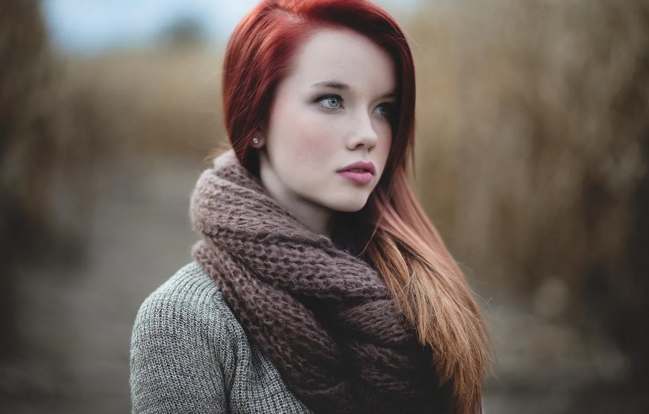 Photo wallpaper nature, eyes, beautiful, lips, redhead, scarf, outdoors, wool