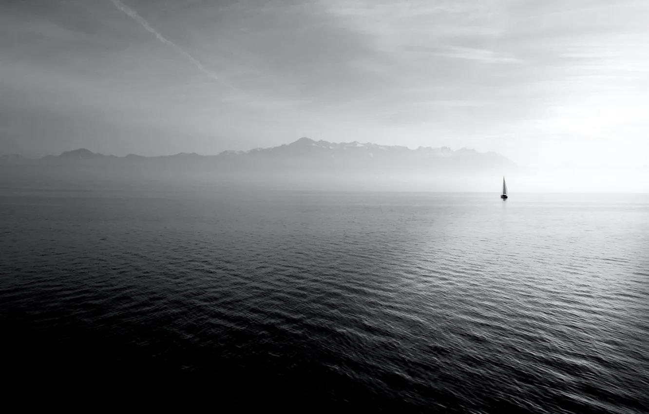 Photo wallpaper sea, mountains, romance, coast, dal, silhouette, sail, black and white