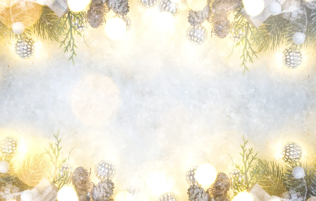 Photo wallpaper balls, light, snow, holiday, texture, Christmas, New year, needles