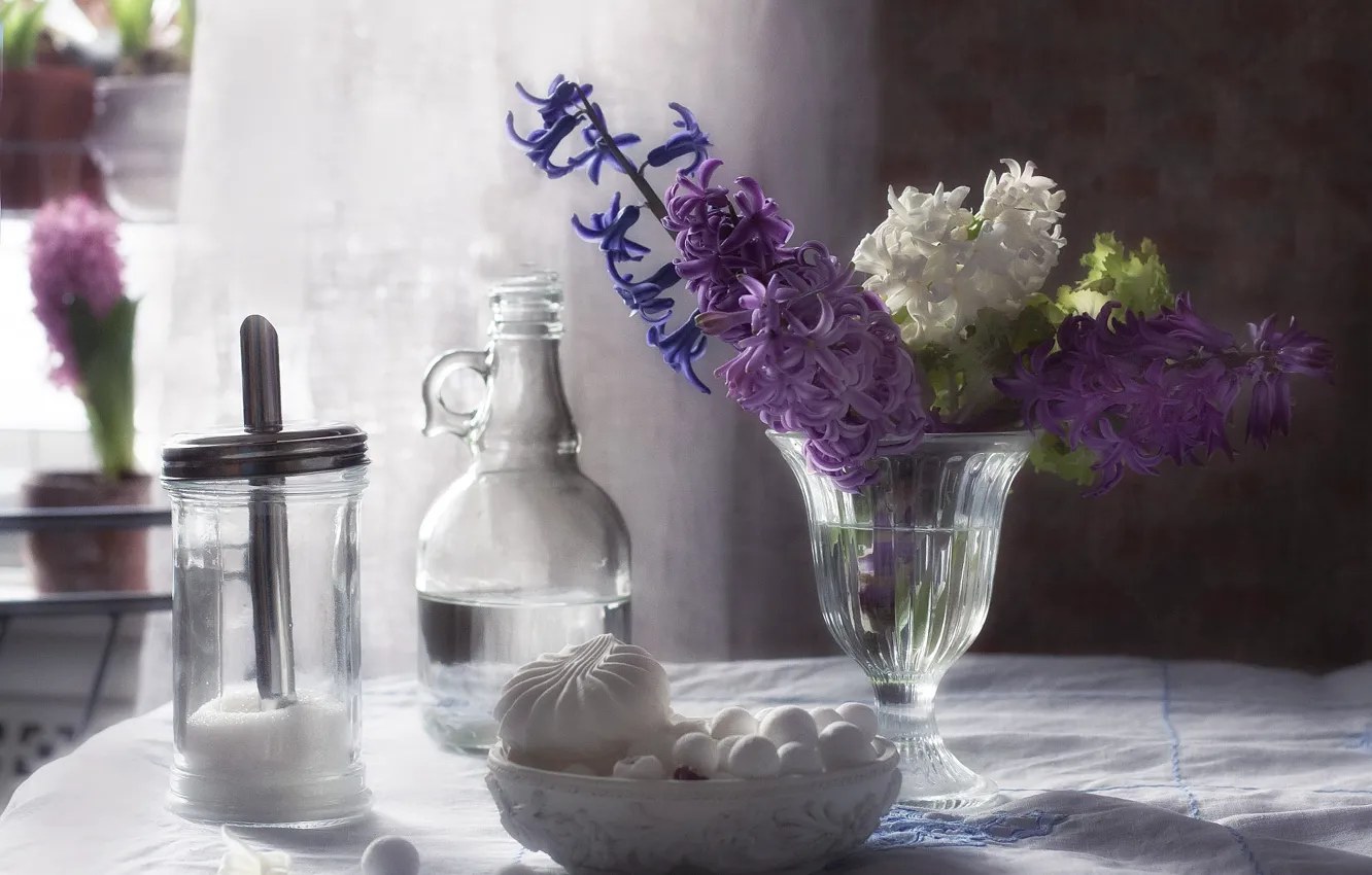 Photo wallpaper glass, flowers, table, bouquet, candy, dishes, sugar, vase