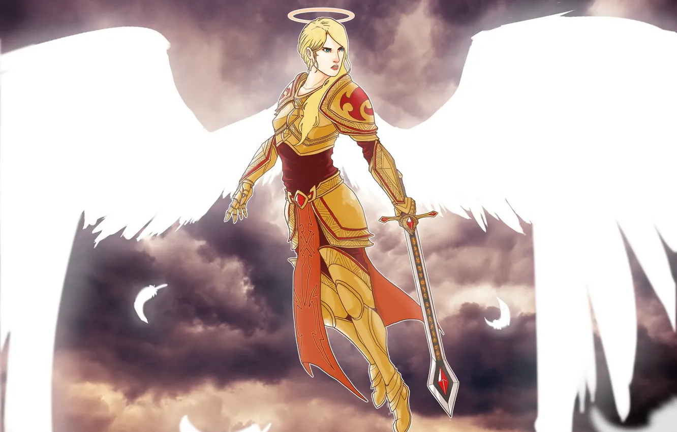 Photo wallpaper girl, clouds, angel, sword, warrior