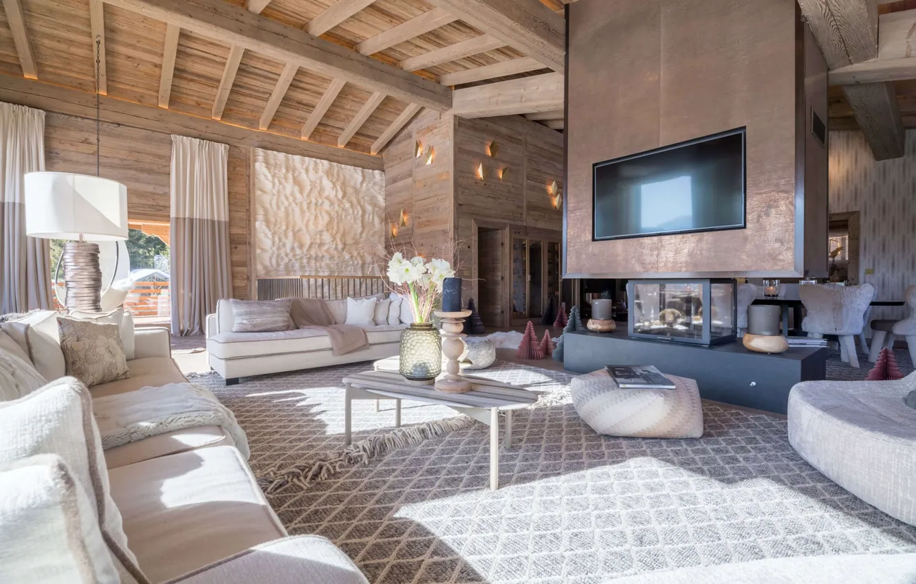 Photo wallpaper Villa, interior, fireplace, living room, luxury