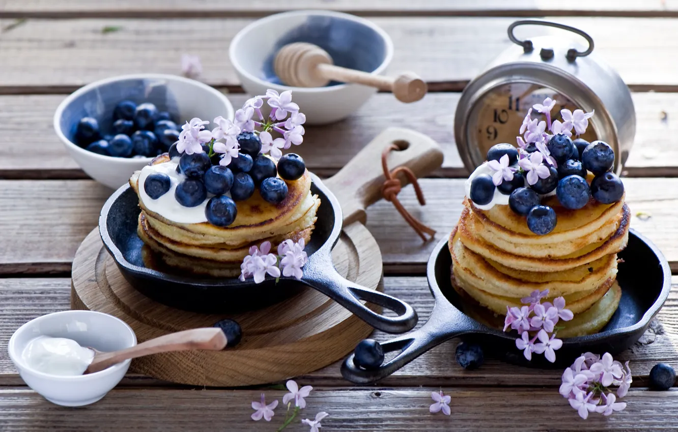 Photo wallpaper berries, Breakfast, blueberries, pancakes, pancakes, sour cream, Anna Verdina