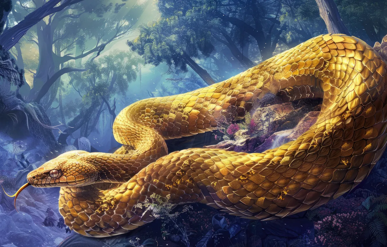 Photo wallpaper grass, trees, animal, snake, reptile, digital art, AI art, The Art of Artificial Intelligence
