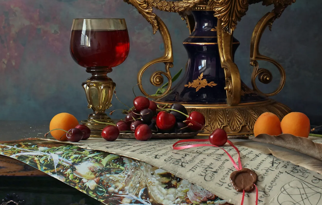 Photo wallpaper letter, cherry, wine, glass, still life, apricots, Andrey Morozov